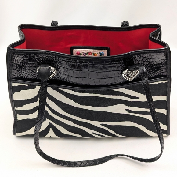 Brighton 2000 Tote Zebra Print Canvas Croc Embossed Faux Leather Braided Handles - Picture 1 of 15